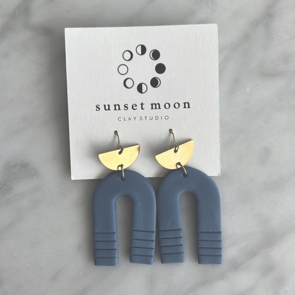 🌼HANDMADE🌼 Bohemian Clay and Brass Earrings, Dusty Blue